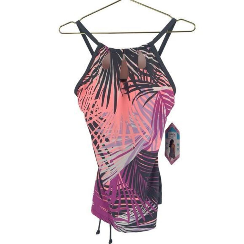 ✨NWT Free Country high-neck tankini top pink, gray, white palm print SMALL